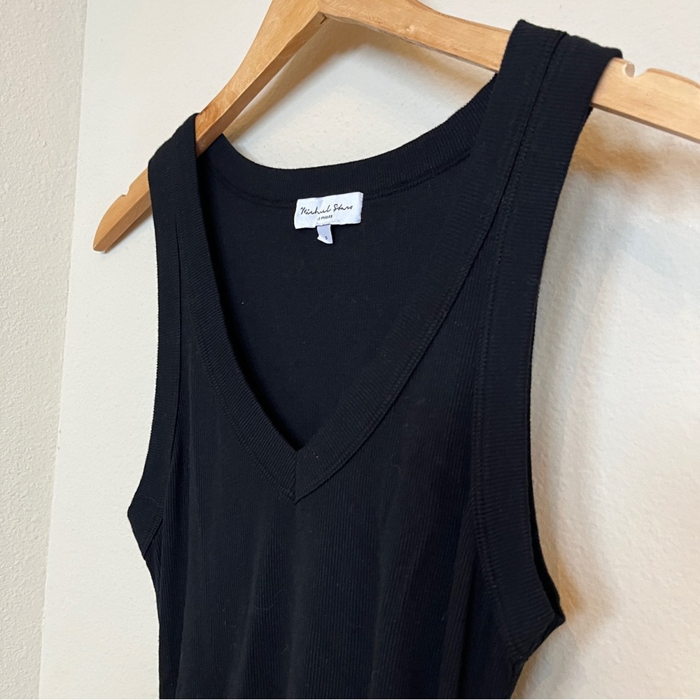 MICHAEL STARS Black Ribbed Midi V-Neck Side Slit Dress SMALL Lori Revolve Ruched - Picture 7 of 10